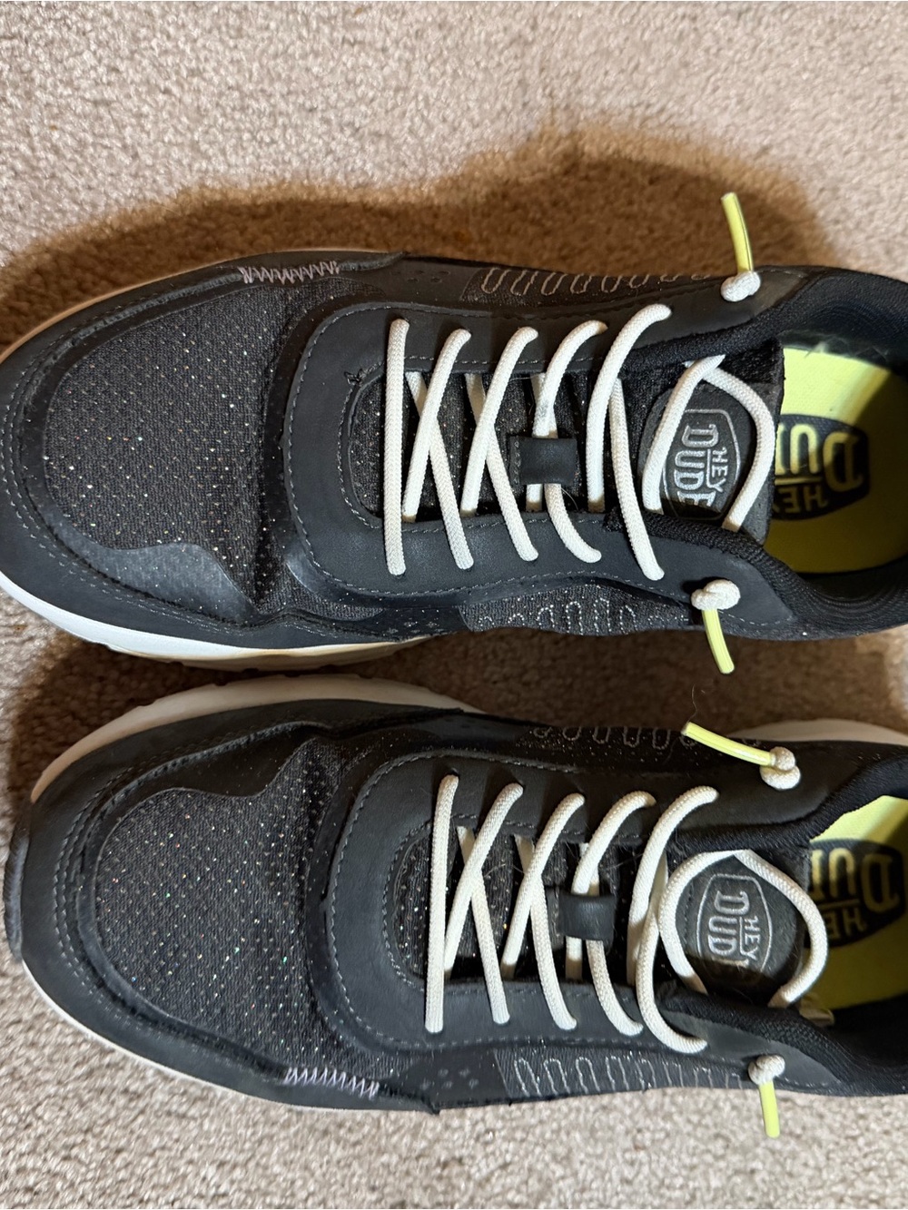 Hey Dude Women’s Black glitter Sneakers with Neon Yellow Accents